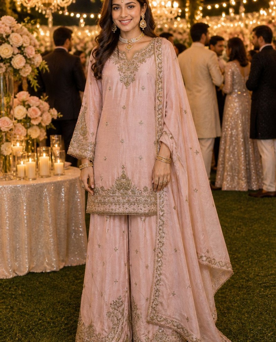 PINK - Chinon Silk Peach Party Wear Embroidery Work Readymade Plazzo Suit